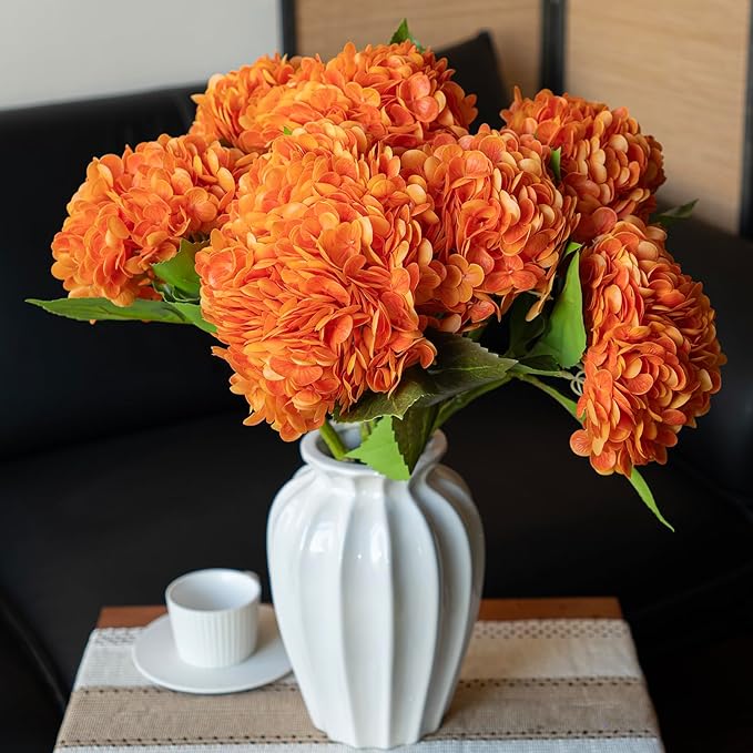 DUYONE 3PCS 22 inch Realistic Artificial Hydrangea Large Flowers Artificial Flowers Dry Flowers Outdoor Wedding Christmas Office Family Party Living Room Table Decoration (Orange)