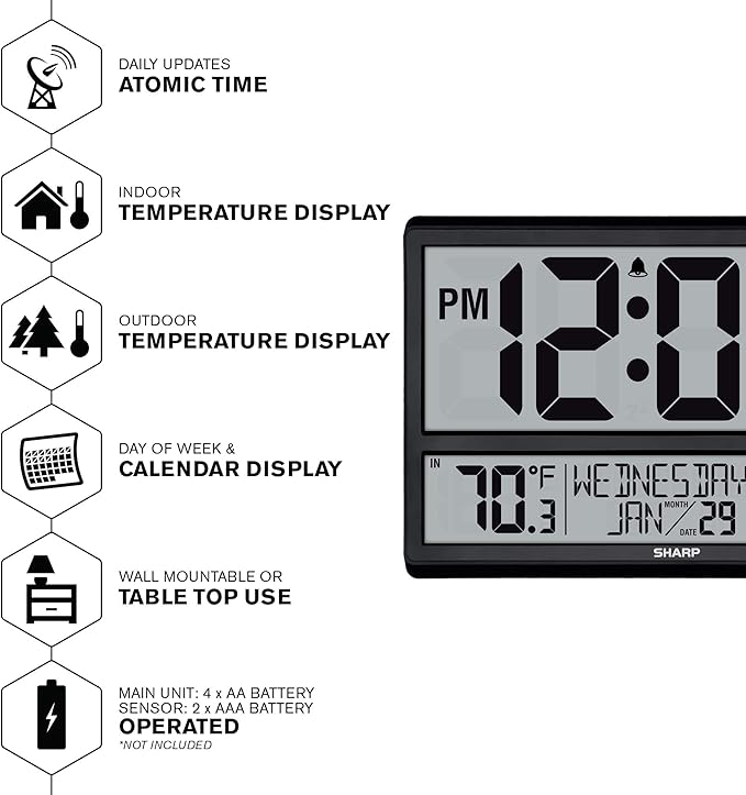 Sharp Atomic Clock - Never Needs Setting! –Easy to Read Numbers - Indoor/Outdoor Temperature, Wireless Outdoor Sensor - Battery Powered - Easy Set-Up (4" Numbers)