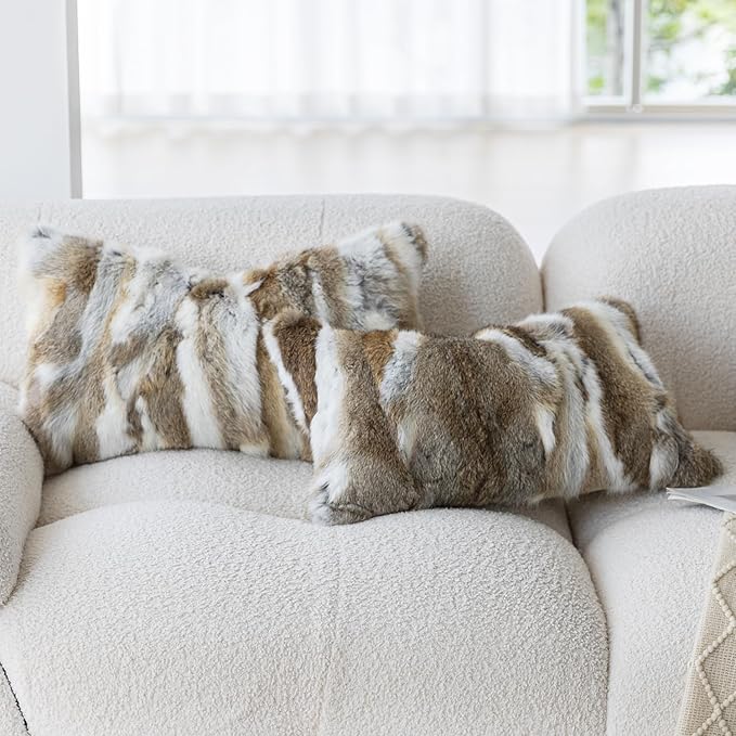 MOOX Rabbit Fur Pillow Covers Set of 2 Fur Throw Lumbar Decorative Pillow Fuzzy Soft Fluffy Genuine Animal Skin 12"x20" Sofa Couch Bed Cover, Couch-Yellow White