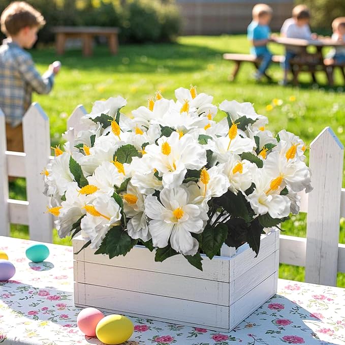 Grunyia Artificial Hibiscus Flowers 5 Bundles, UV Resistant Fake Tropical Flowers Realistic Silk Blooms for Outdoor Planter Garden Patio Porch Window Box Home Decor (White)