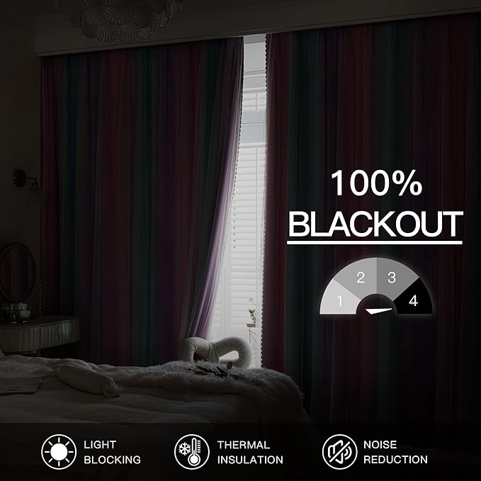 XiDi 100% Blackout Curtains for Girls Bedroom 63 Inches Long 2 Panels Colorful Rainbow Nursery Kids Curtains with Sheer Overlay Unicorn Wall Decor Princess Grommet Drapes Pink Purple Green 52W x 63L