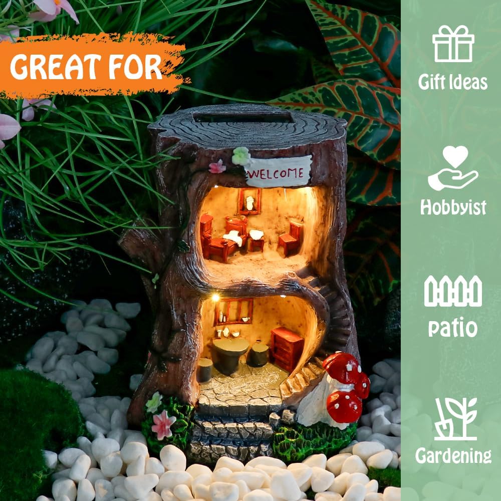 Solar Light Gnome Fairy Garden House for Outside, Big Size Fairy Miniature Buildings Accessories House Sculptures for Outdoor Garden Patio Lawn Path Decorations, 8" Tall