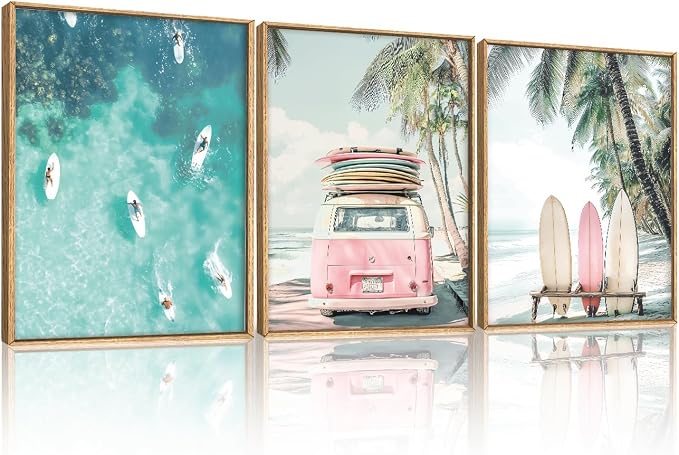 HOURIA Summer Surfboard Beach Framed Canvas Wall Art Set,Modern Ocean Surfing Seascape Wall Decor,Coastal Bus Coconut Tree Wall Painting,Nature Botanical Art Prints for Living Room, Bedroom-12 x16 x3