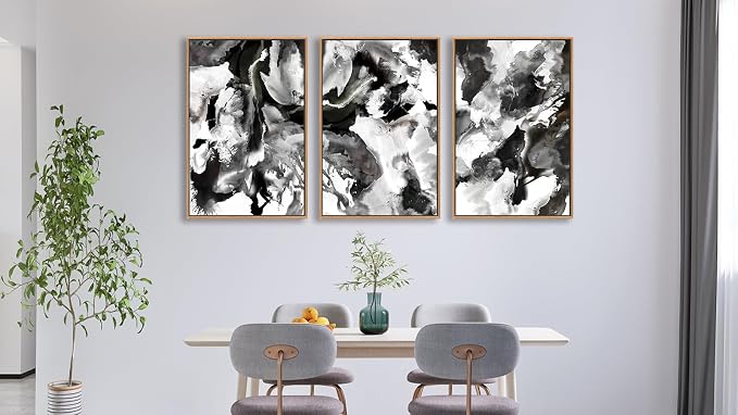 Large Abstract Wall Art for Living Room Natural Wood Float Framed Art Set of 3 Black and White Pictures Artwork Modernism Canvas Prints for Bedroom Kitchen Home Office Wall Decor 24"X36"X3