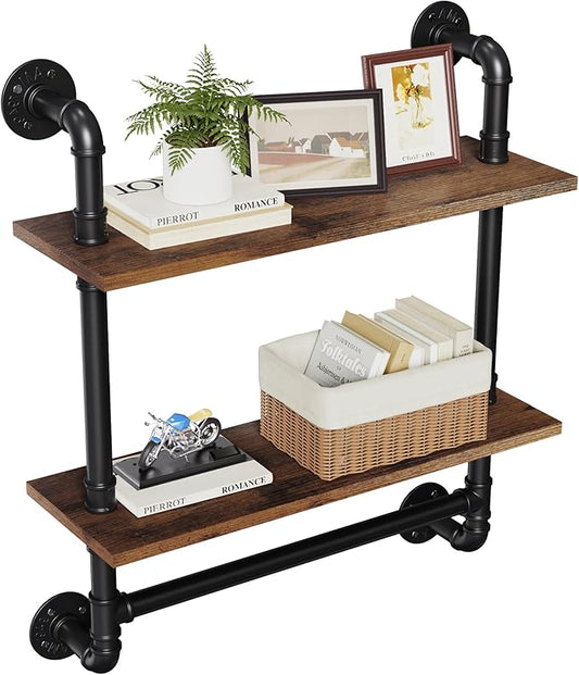 Merapi 24" Industrial Floating Shelves with Tower Bar, Pipe Shelves for Wall, 2 Tier Rustic Wood Wall Shelves for Home Décor, Bedroom, Living Room, Bathroom…