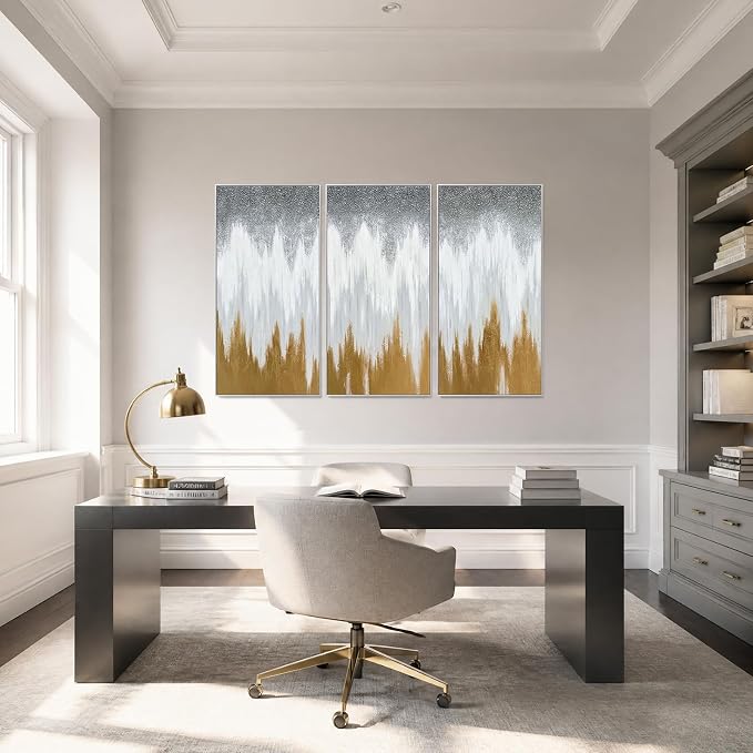 SAFERRYHOME Abstract Hand Painted Wall Art, Gold White Gray, 20"x40"x3 | 3D Textured Framed Canvas Wall Decor, Modern Golden Painting Minimalist Geometric Artwork for Home Office Living Room Hallway