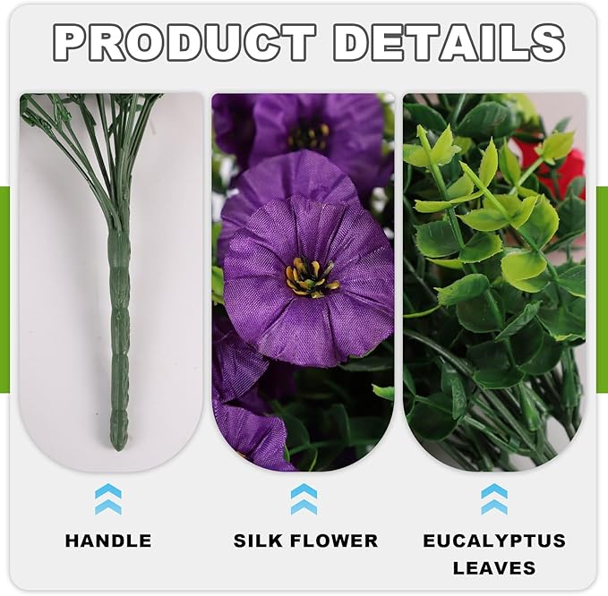 ADXORA Fake Artificial Hanging Morning Glory Flowers for Outdoor Planters Porch Pation Decoration,2 PCS UV Resistant Silk Faux Flowers with Realistic Eucalyptus Plants for Home Office Garden Decor