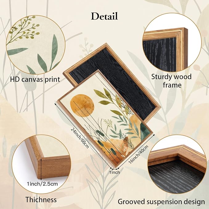 CHDITB Boho Botanical Framed Canvas Wall Art Set, Minimalist Nature Plant Wall Decor, Abstract Sun and Wildflower Painting, Neutral Green Plant Art Prints for Living Room Bedroom Kitchen 16"x24"x3