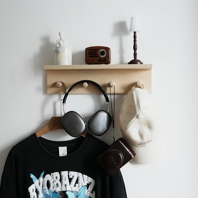 Wall Mounted Coat Rack with Shelf, Entryway 8 Hooks, 2 Pack | Birch finish shelf