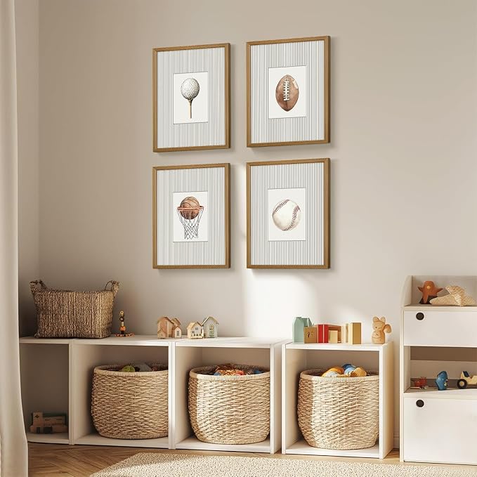 Sports Wall Art Decor Toddler Boys Room Canvas Prints Vintage Sports Nursery Wall Decor Kids Poster Football Baseball Pictures Basketball Golf Painting Artwork for Bedroom 12x16x4 Inch Wood Framed