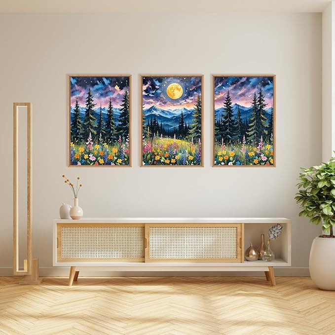 DRACIT Vintage Colorful Mystical Forest Moon Framed Canvas Wall Art Set,Dreamy Moonlit Nature Wilderness Wall Decor,Abstract Midnight Mountain Wildflowers Pine Tree Landscape Artwork for Living Room-24"x36"x3