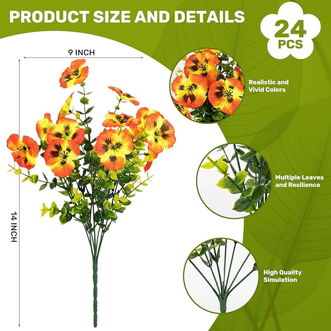 24 Pcs Artificial Fake Pansy Flowers for Outdoor,Faux Silk Plants Flowers UV Resistant Pansies Spring Flowers for Planter Front Door Porch Yard Patio garden Window Box Home Decor(Orange Yellow)