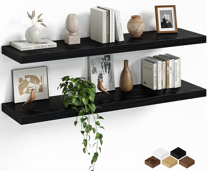 Fun Memories Floating Shelves for Wall, 40 Inch Long Set of 2 Rustic Wood Wall Shelves with Invisible Brackets, Heavy Duty Storage Display for Living Room Bedroom Kitchen, Black