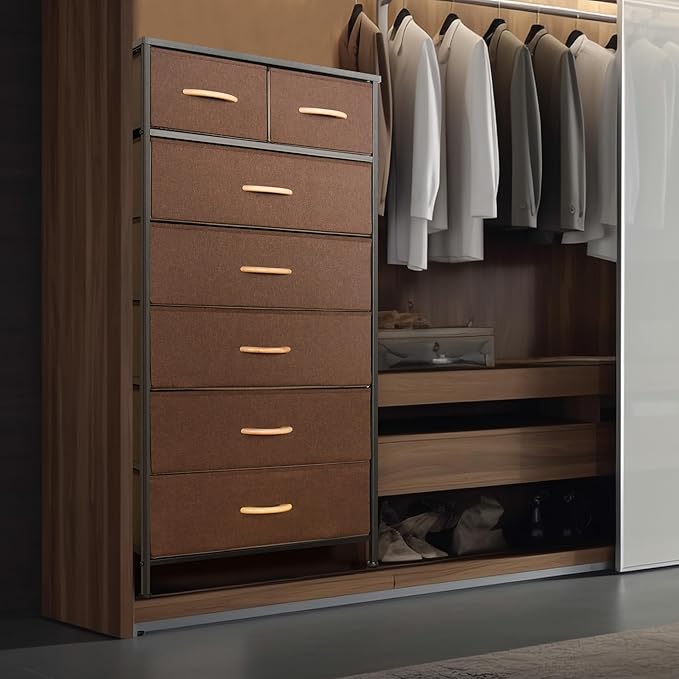 Mifuro Tall Dresser for Bedroom, Vertical Storage Organizer Tower with 7 Drawers, Chest of Drawers with Fabric Bins, Steel Frame, Wood Top for Bedroom, Closet, Entryway- Brown
