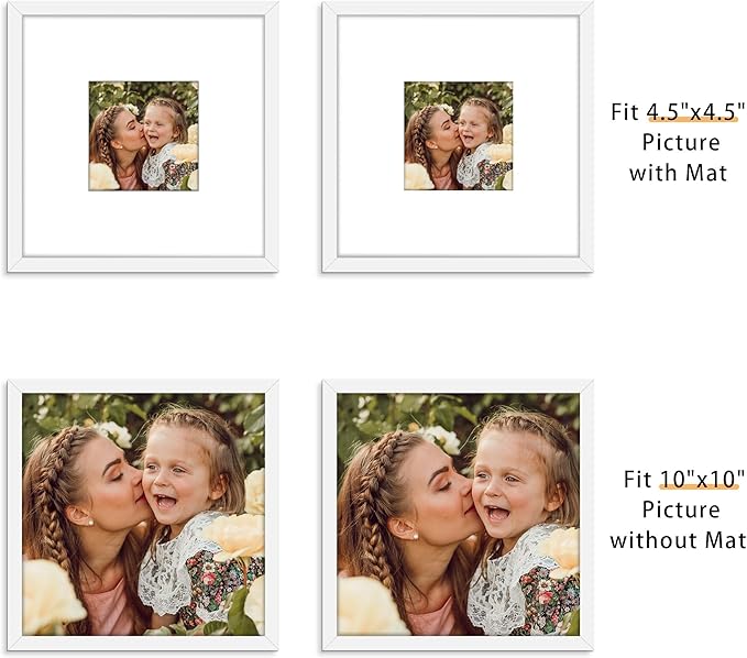 Picrit 10x10 Picture Frame Set of 12, Display 5x5 with Mat or 10x10 without Mat, Photo Frames for Wall Mounting Display, White