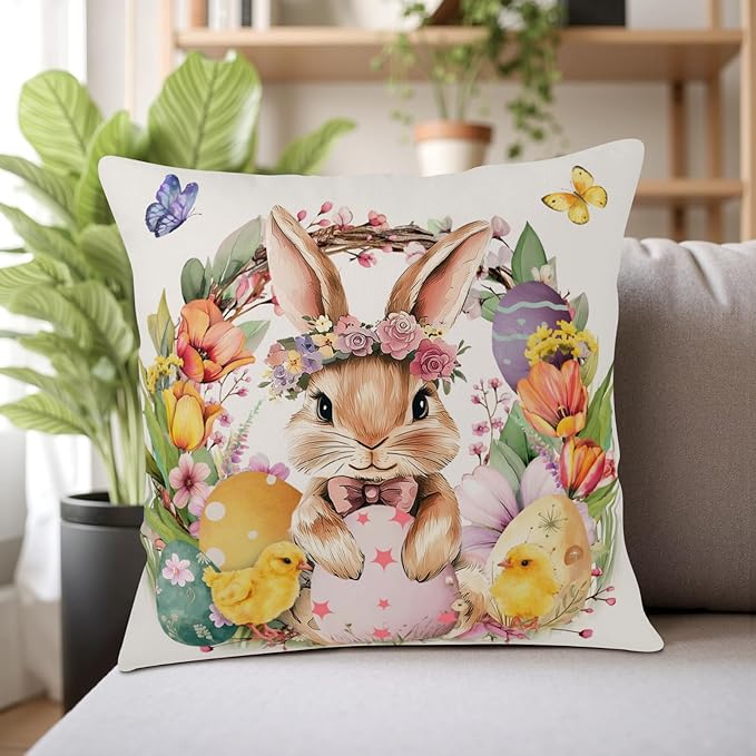 Pack of 2 Spring Easter Throw Pillow Covers Floral Wreath Rabbit Pillow Cases Tulip Flower Bunny Pillow Covers 24x24 Colorful Eggs Farmhouse Cushion Cases for Home Couch Sofa
