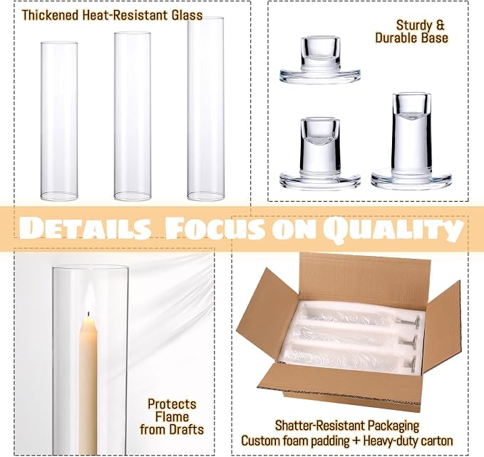 NITIME 12 Set Hurricane Glass Candle Holders for Taper Candles, Set of 3 Assorted Heights Windproof Glass Tubes (11.8/12.6/13.8") & Bases, Candlestick Holders for Wedding Table Decor, Party, Events