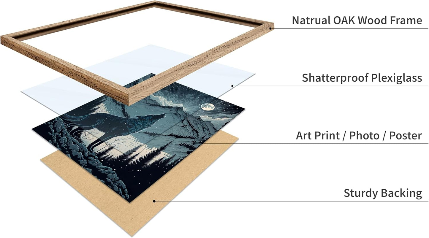 Poster Master Vintage Illustration Poster - Retro Animal Print - Gift for Artist, Friend - Wolf Howling at the Moon, Mountain, Snow, Landscape - Wall Decor for Home, Office, 11x14 Beige Framed