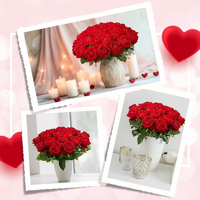 Wondrus Bulk Artificial Flowers 50 PCS, Fake Velvet Silk Red Roses with Long Stems Realistic Bouquet for Wedding Centerpieces, Faux Arrangement for Home Table Decor