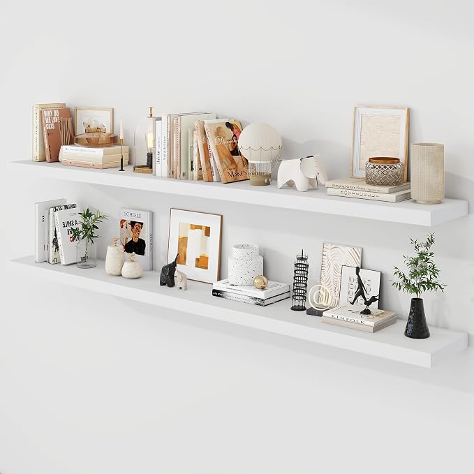 Acovy 72 Inch Floating Shelves, 9.3" Deep Floating Shelf Wall Mounted, 72" Wall Shelves, Rustic Deep Bookshelf, Large Display Shelves & Storage Shelves for Bedroom, Living Room, White, Set of 2