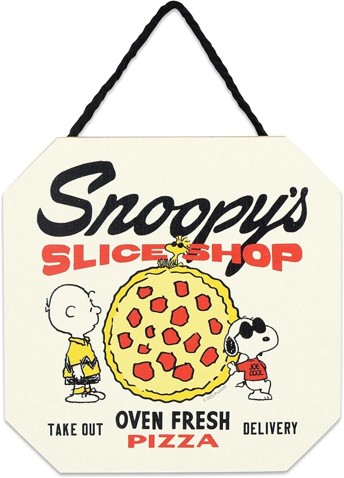 Peanuts Snoopy's Slice Shop Oven Fresh Pizza Hanging Wood Wall Decor - Fun Snoopy Pizza Sign for Kitchen or Dining Room