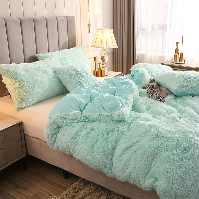 Faux Fur Velvet Fluffy Bedding Duvet Cover Set Down Comforter Quilt Cover with Pillow Shams, Ultra Soft Warm (Queen, Aqua)