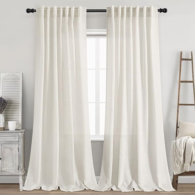 Cream Linen Back Tab Curtains 94 Inch Length for Living Room 2 Panel Set Neutral Modern Farmhouse Window Curtain Privacy Semi Sheer Linen Drapes Rustic Pinch Pleated Look Curtain Natural Ivory