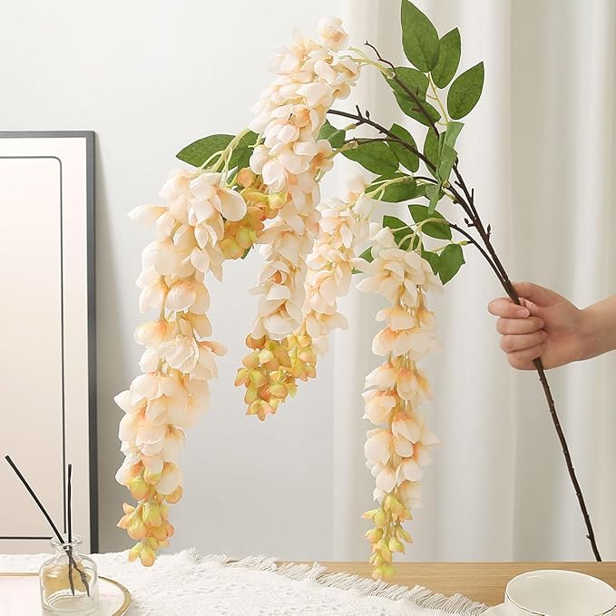 4pcs 47.2-inch Artificial Fake Wisteria Hanging Flower Garland Silk Flower String Home Party Decoration White Blue Pink Purple (Champagne)