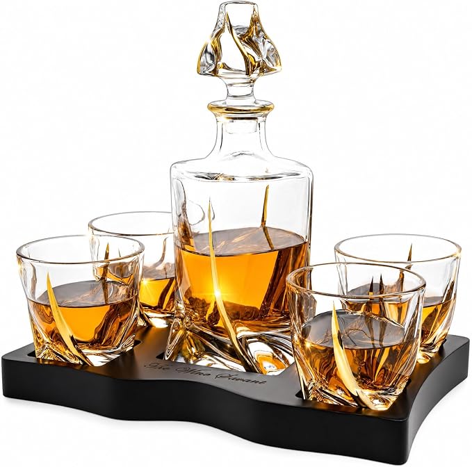 Ember Gilded Japanese Crystal Whisky Decanter Set with 4 Tumbler Glasses, Lead-Free Liquor Carafe & 10oz Rocks Glasses - Scotch Bourbon, Spirits & Wood Base Elegant Barware Gift for Men, Japan Design