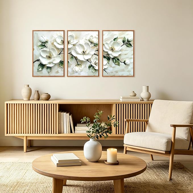 CHDITB 3D Impasto Textured White Magnolia Floral Relief Framed Canvas Wall Art Set, Neutral Beige Minimalist Wall Decor, Modern Texture Art Prints for Living Room Hallway Bedroom Home Decor 16"x24"x3