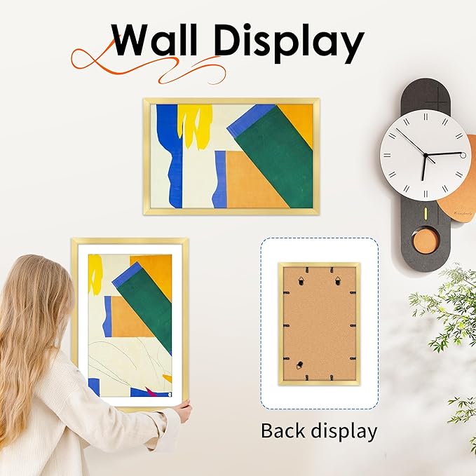 FIXSMITH 11x17 Picture Frame Gold Set of 2, Photo Frame with HD Plexiglass, Display Pictures 9x15 with Mat or 11x17 Without Mat, Gold Picture Frames Collage Wall Decor, Gallary Wall Frame