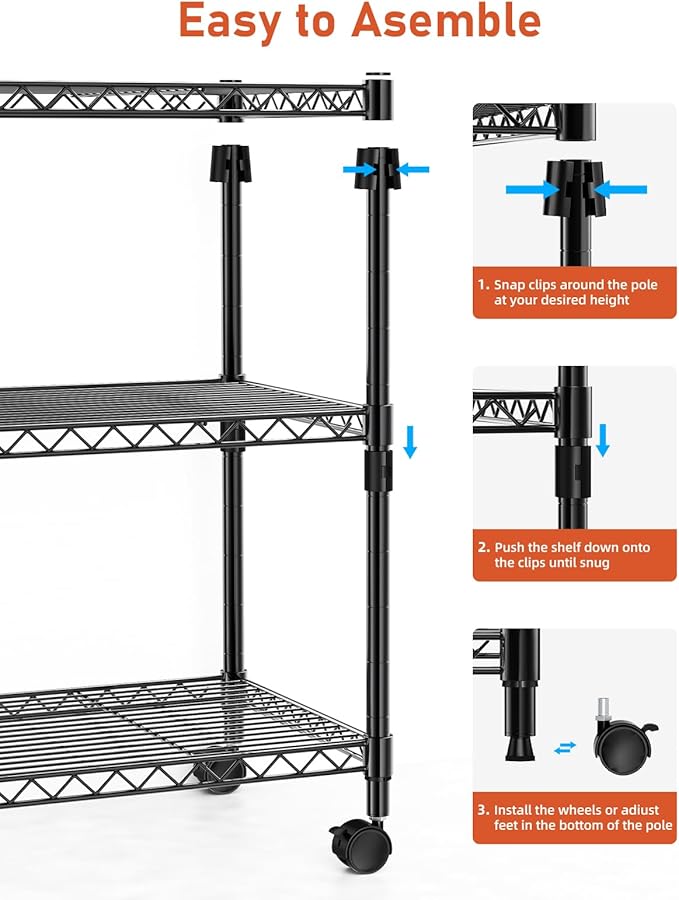 Simple Deluxe Heavy Duty 3-Tier Storage Shelves 750Lb Capacity, 24.02" D x 13.78" W x 29.92" H Shelving Unit for Pantry, Garage, Laundry and Kitchen, Black