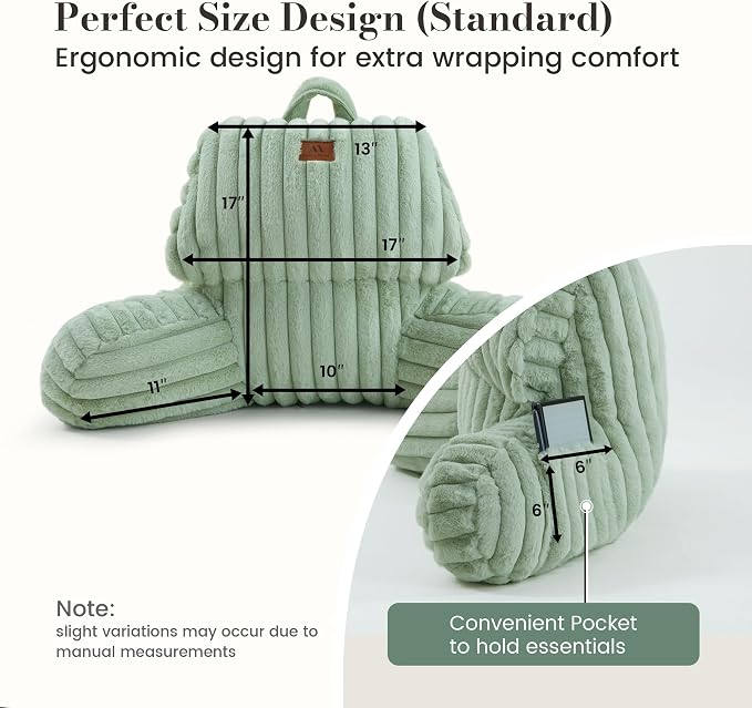 Amélie Home Faux Fur Reading Pillow with Pocket for Sitting in Bed, Kids Backrest Bed Pillow with Washable Cover for Lounging, Watching TV/Gaming/Resting/Post/Surgery/Nursing, Sage Green 17 inches