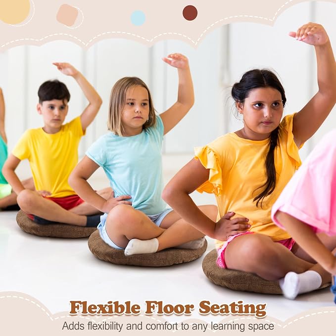 Fumete 8 Pcs 16 Inch Floor Cushions Pillow for Kids Bulk Classroom Round Flexible Seating Floor Cushions for Students Home Daycare School Reading Corner Yoga Meditation Picnic (Brown)