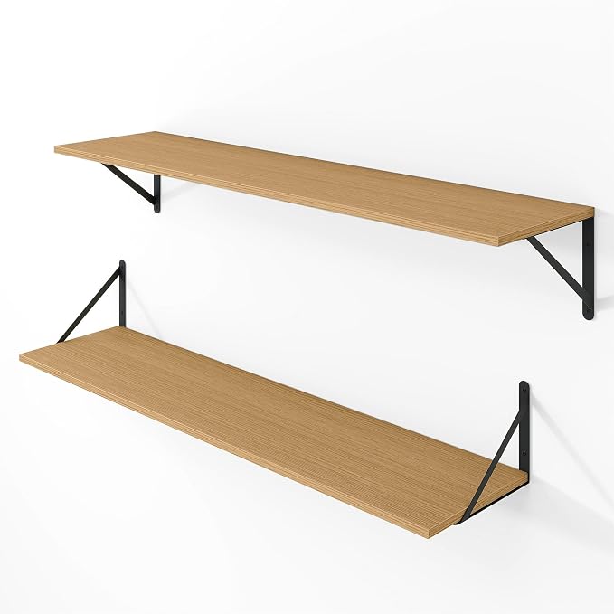 Vivelove 8 Inch Deep Floating Shelves for Wall, 36W x 8D Wood Wall Shelves Set of 2, Rustic Oak Wide Floating Bookshelf for Living Room, Kitchen, Office, Bedroom, with Black Metal Bracke - Oak