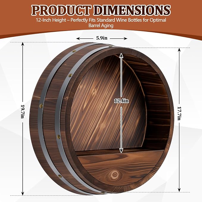 Colingmill 19.7 x 5.9 in Whiskey Barrel Shelf Rustic Wall Mounted Bourbon Wooden Floating Hand Wine Rack Oak Barrel Wine Bottle Holder Display Stand Vintage Bar Decor(Dark Brown)