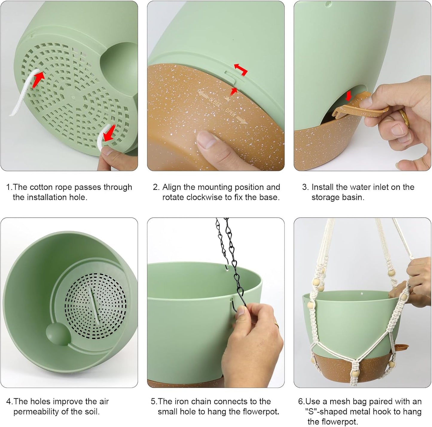 10 inch Self Watering Hanging Planters for Indoor Plants, 2 Pack Hanging Baskets for Outdoor Plants, Hanging Flower Pots with Drainage Holes & 2 Kinds of Plant Hangers for Home Decor, Green