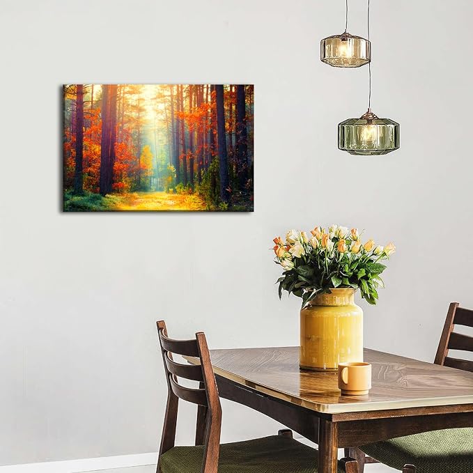 Fall Forest Wall Art Orange Maple Leaves Wall Decoration for Living Room Bedroom Autumn Landscape Pictures Nature Trees Scenery Canvas Print Sun Light Through Forest Painting Artwork Home Decor 20x30”