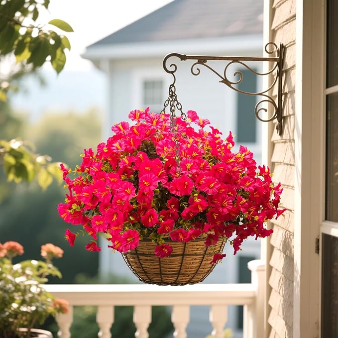 Grunyia Artificial Morning Glory Flowers with Eucalyptus - 16 Bundles UV Resistant Rose Red Faux Silk Plastic Fake Plants for Outdoor Indoor Garden Porch Front Door Home Decor