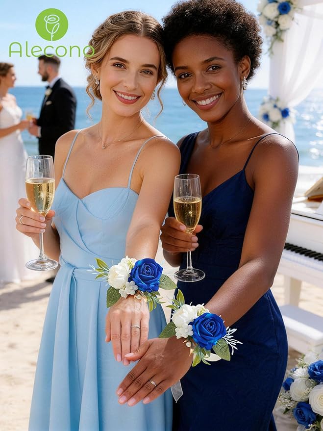Alecono Set of 2 Wrist Corsage for Wedding, Navy Blue Corsages for Bride Bridesmaid, Artificial Flowers for Prom Graduation Ceremony Anniversary