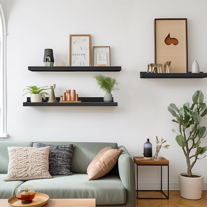 LaVie Home 23.6-Inch Black Floating Shelves for Wall Storage Set of 4 - Modern Minimalist Picture Ledge Shelf Wall Decor for Kitchen, Bedroom, Bathroom, and Living Room