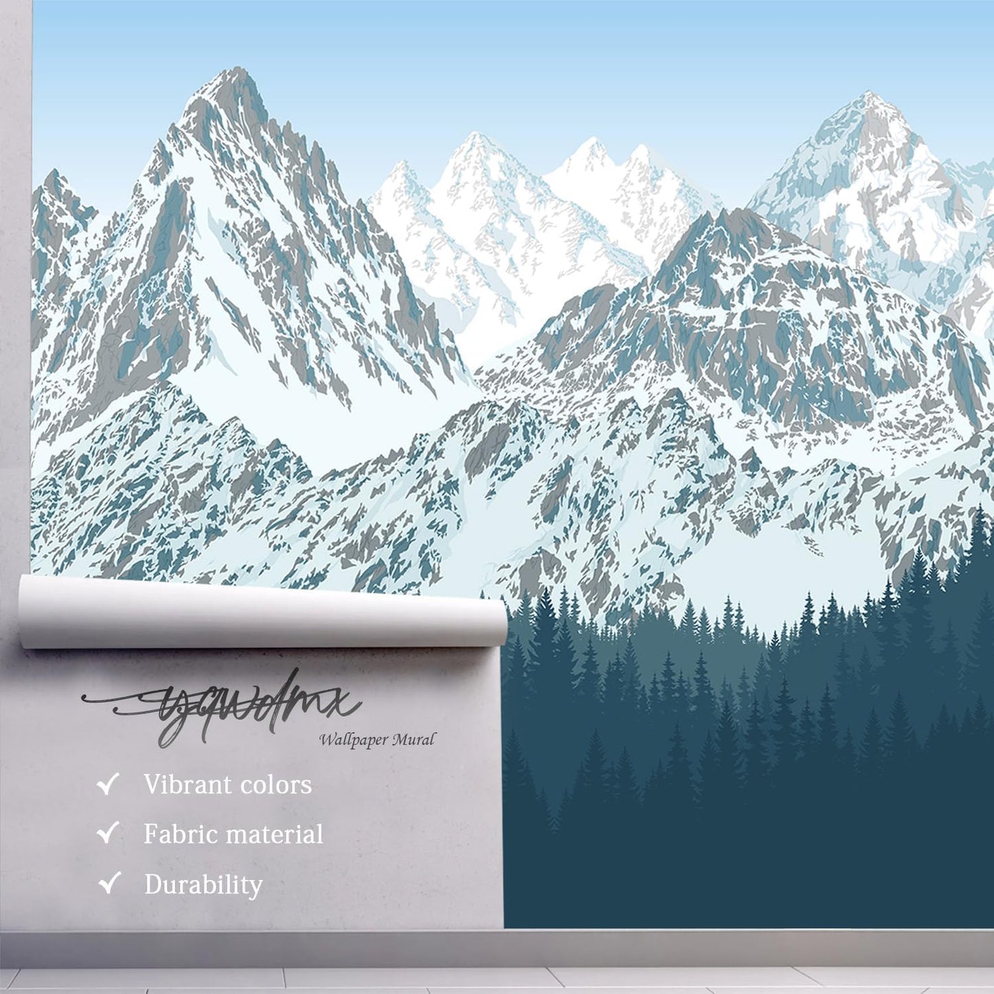 -Forest Snow Mountain Peaks Blue Sky Wallpaper Bedroom Living Room XT09 L 180" x 115"