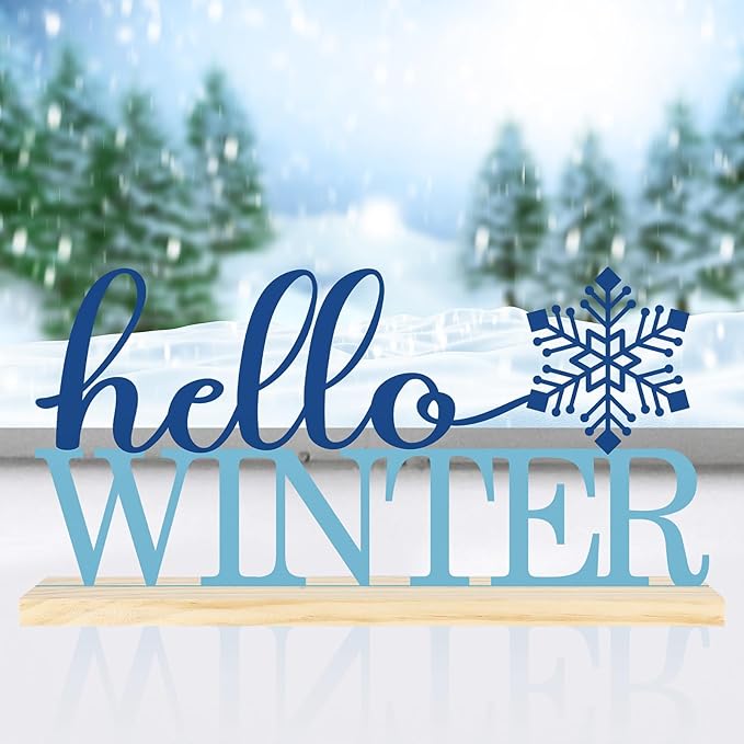 COCHIE Metal Hello Winter Sign, Snowflake Table Centerpieces Decorations for Home, Office, Shelf, Mantel, Indoor, Navy Blue Party Decor Supplies (Winter)