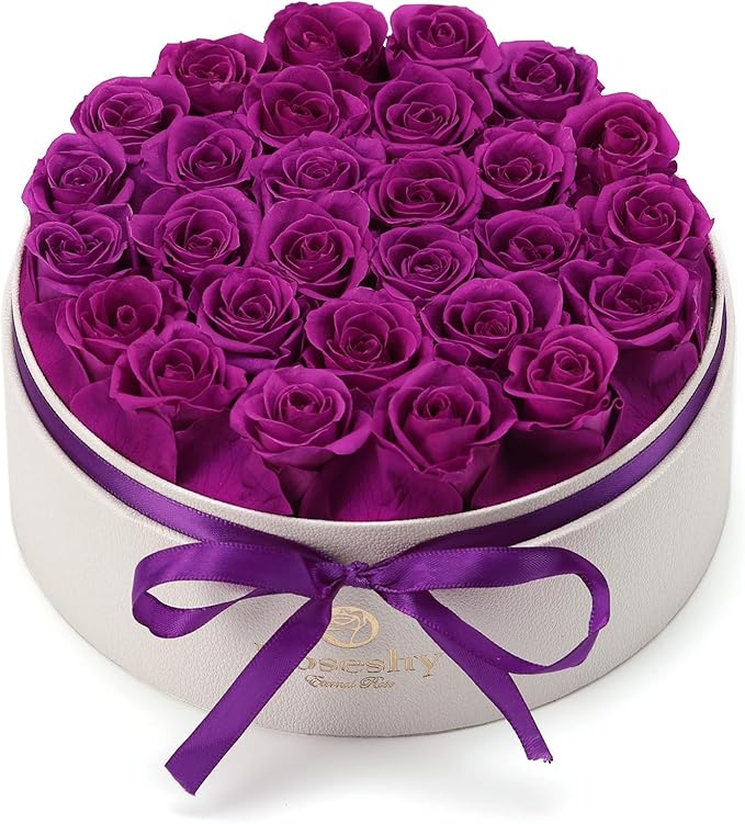 Valentines Day Flowers Roses Gifts for Her,28pcs Purple Forever Preserved Roses in Round Gift Box,Valentines Day Delivery Prime Gifts-Roses Gifts for Women,Mom.