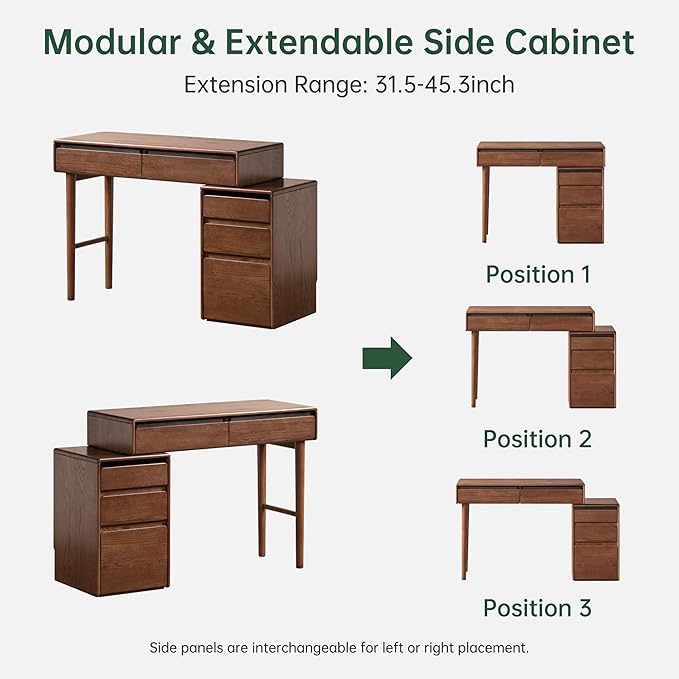 45" Extendable Vanity Desk, Solid Oak Wood Makeup Table with Adjustable Storage, Dressing Table for Bedroom, Study Desk for Home Office (No Chair & Mirror)