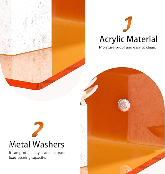 Sezanrpt 12 Inches Small Orange Wall Shelves Set of 2, Acrylic Floating Shelf for Bedroom, Living Room, Funko Pop Shelves, Smart Speaker, 2 Pack