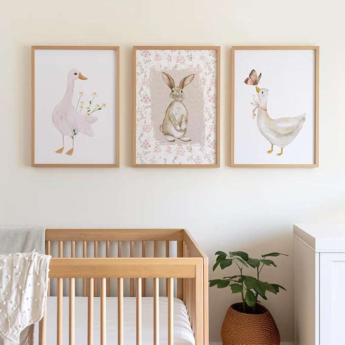 Vintage Nursery Wall Art Goose Canvas Poster Coquette Wall Decor Baby Girl Painting Kids Poster Bunny Rabbit Prints Cute Animal Pictures Duck Artwork for Bedroom Living Room 12x16x3 Inch Unframed