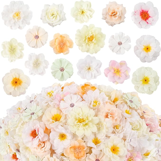 ATTGREAT 210 Pcs Mini Silk Flower Heads Small Fake Rose Daisy Faux Flowers Bulk for Crafts Artificial Loose Fabric Flowers Heads Sunflower Bulk for Wedding Hair Cap Dresses Decorations (White)