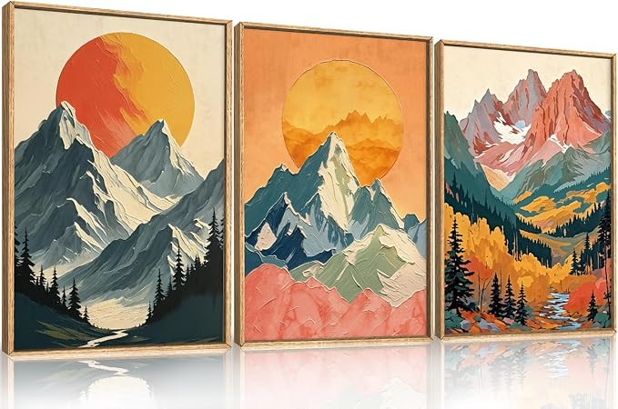 HPNIUB Boho Sunrise Mountain Framed Wall Art Set,Modern Abstract Forest Wall Decor,Colorful Sun Scenery Nature Woodland Printing,Grassland River Artwork for Living Room, Bedroom,Office-16''x24''x3