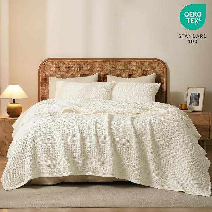 PHF 100% Cotton Waffle Blanket King Size for Bed, Lightweight Breathable and Soft for Summer, Luxury Aesthetic Waffle Weave Blanket for Home Decor & Gifts for Women, 108"x90", Cannoli Cream